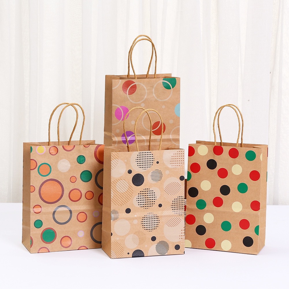 跨境圆点手提袋简约百搭设计感包装礼品袋可爱原木色手提牛皮纸袋