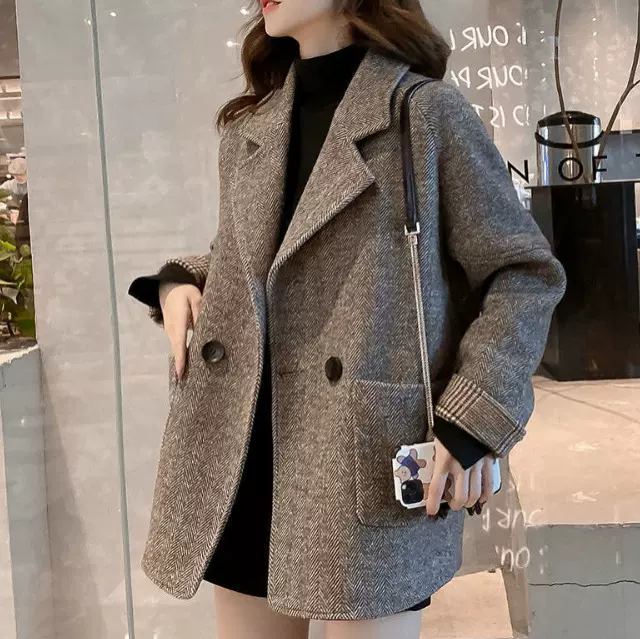 英伦风灰咖西装毛呢外套女 2025秋冬新款加厚宽松休闲小个子西服
