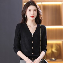 品牌羊毛针织开衫女2025春秋款v领长袖薄款纯色外搭毛衣外套