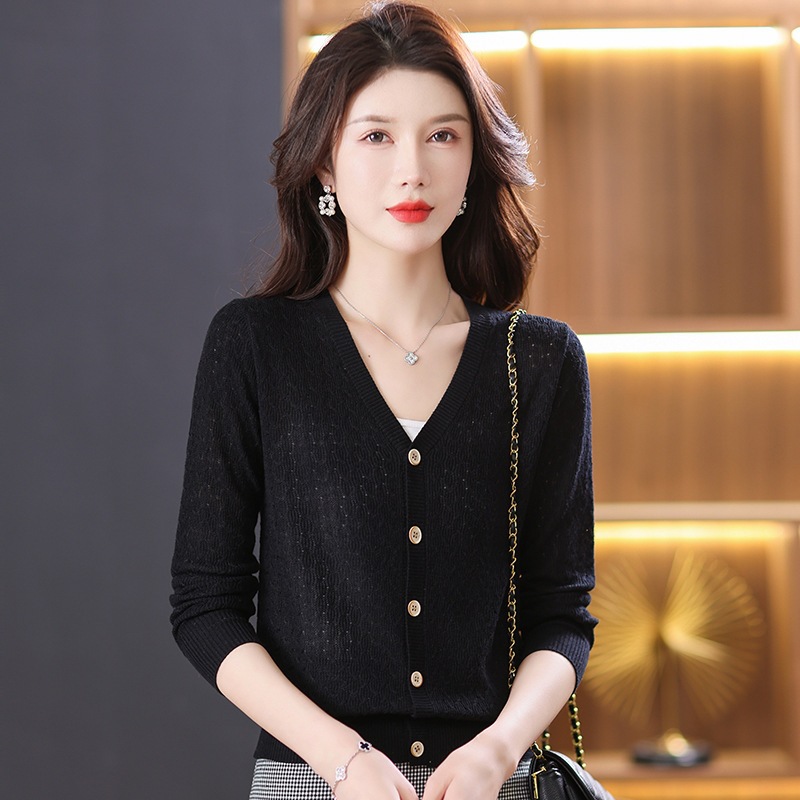 品牌羊毛针织开衫女2025春秋款v领长袖薄款纯色外搭毛衣外套