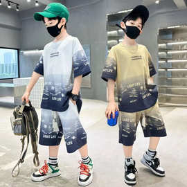 男童夏装薄款篮球服套装2025新款中大童痞帅渐变T恤五分裤两件套