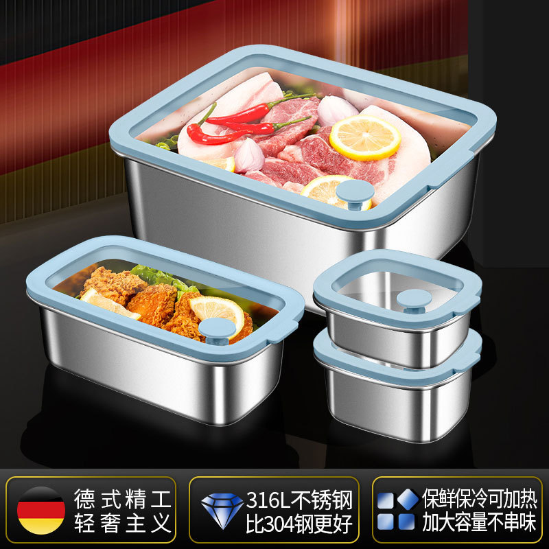 316L Stainless Steel Visual Crisper Kitchen Sealed Refrigerator Freezer Box with Lid Heat-Conducting Food Storage Box