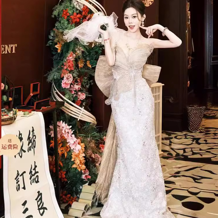 New Chinese Morning Robe Dress Waistline Fishtail Tube-top Toast Dress Lady Goddess Style Light Luxury Sequin Banquet Evening Dress