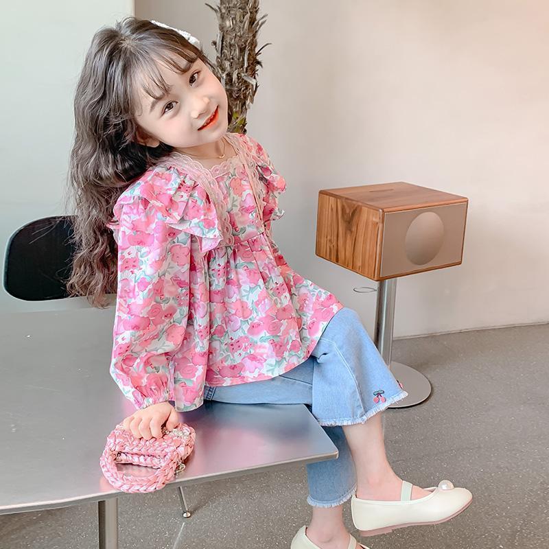 로즈 핑크 플로럴 탑 긴소매