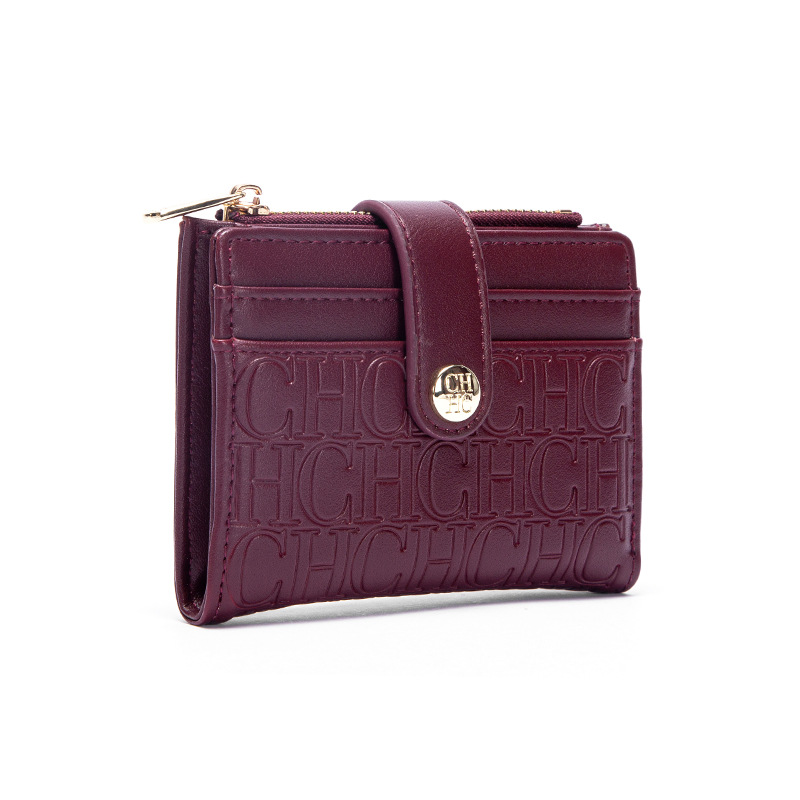 Carolina Herrera Monogram Compact Wallet Embossed Leather Burgundy