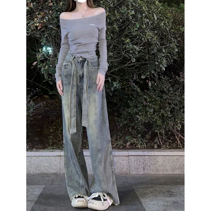 美式阔腿牛仔裤女春秋季女装高腰宽松显瘦百搭直筒拖地裤子ins潮|undefined