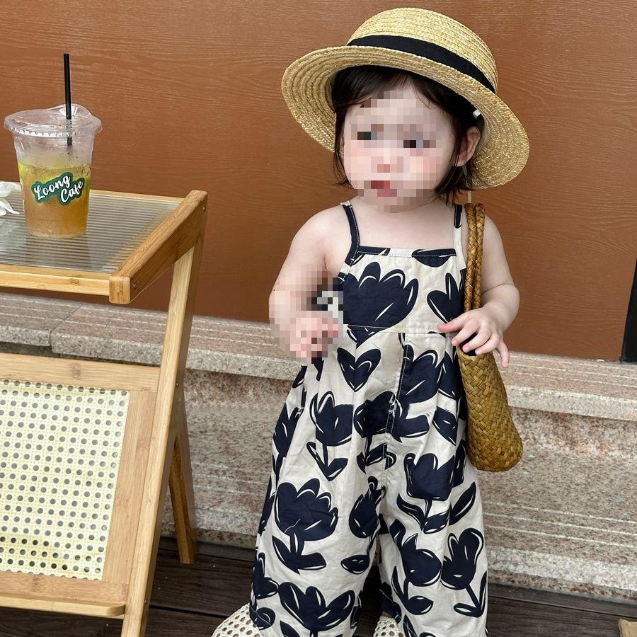 Girls' Summer Thin Overalls Casual Fashion Strap Jumpsuit Children's Wide-Leg Pants Summer