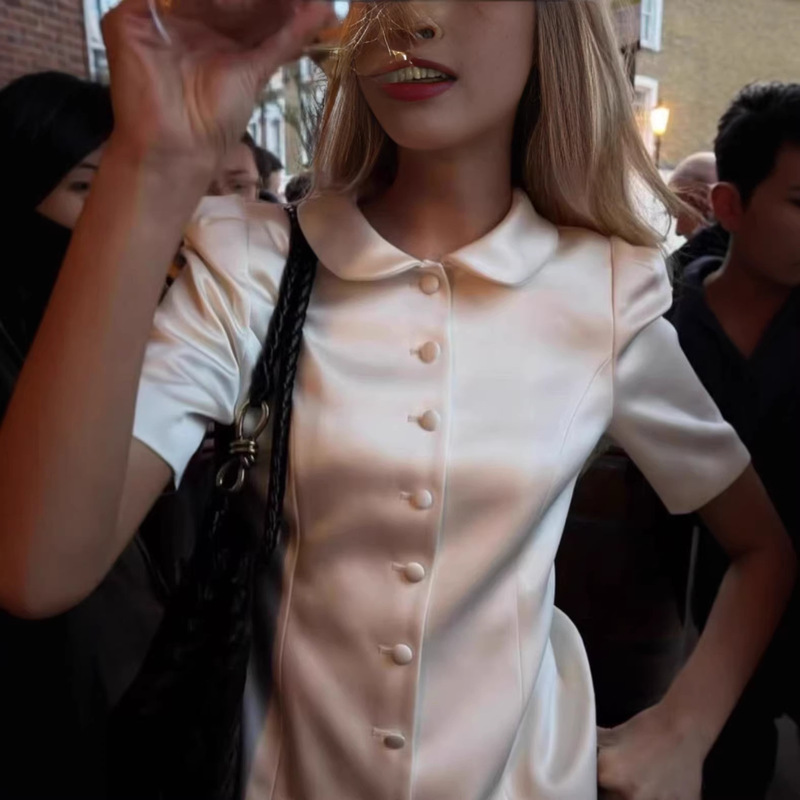 26 New Imported Triacetate Doll Collar Short-Sleeved Satin Waist-Cinching Short Jacket Top for Women