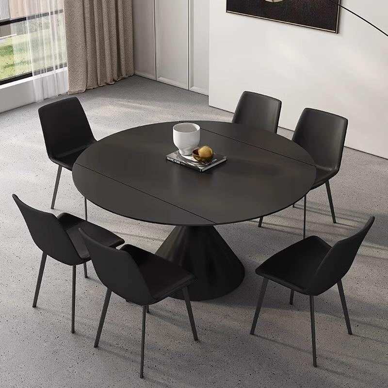 Mesa redonda variable de tabla de roca negra italiana, mesa redonda rotatoria retráctil de doble propósito, moderna y simple para hogares pequeños