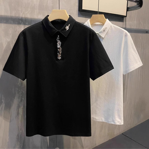 New Chinese-style plum embroidery stand collar men's casual summer short-sleeved top trendy 2025
