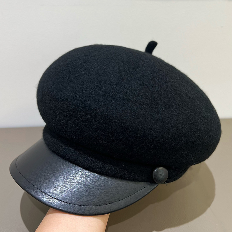 2025新款羊毛呢皮帽檐鸭舌帽女冬款气质贝雷帽英伦复古休闲画家帽|undefined