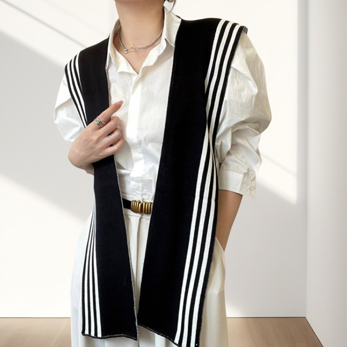 Black and White Striped Knitted Shawl for Women 2025 New Style Outerwear for Autumn and Winter Trendy Shirt Fake Collar 03