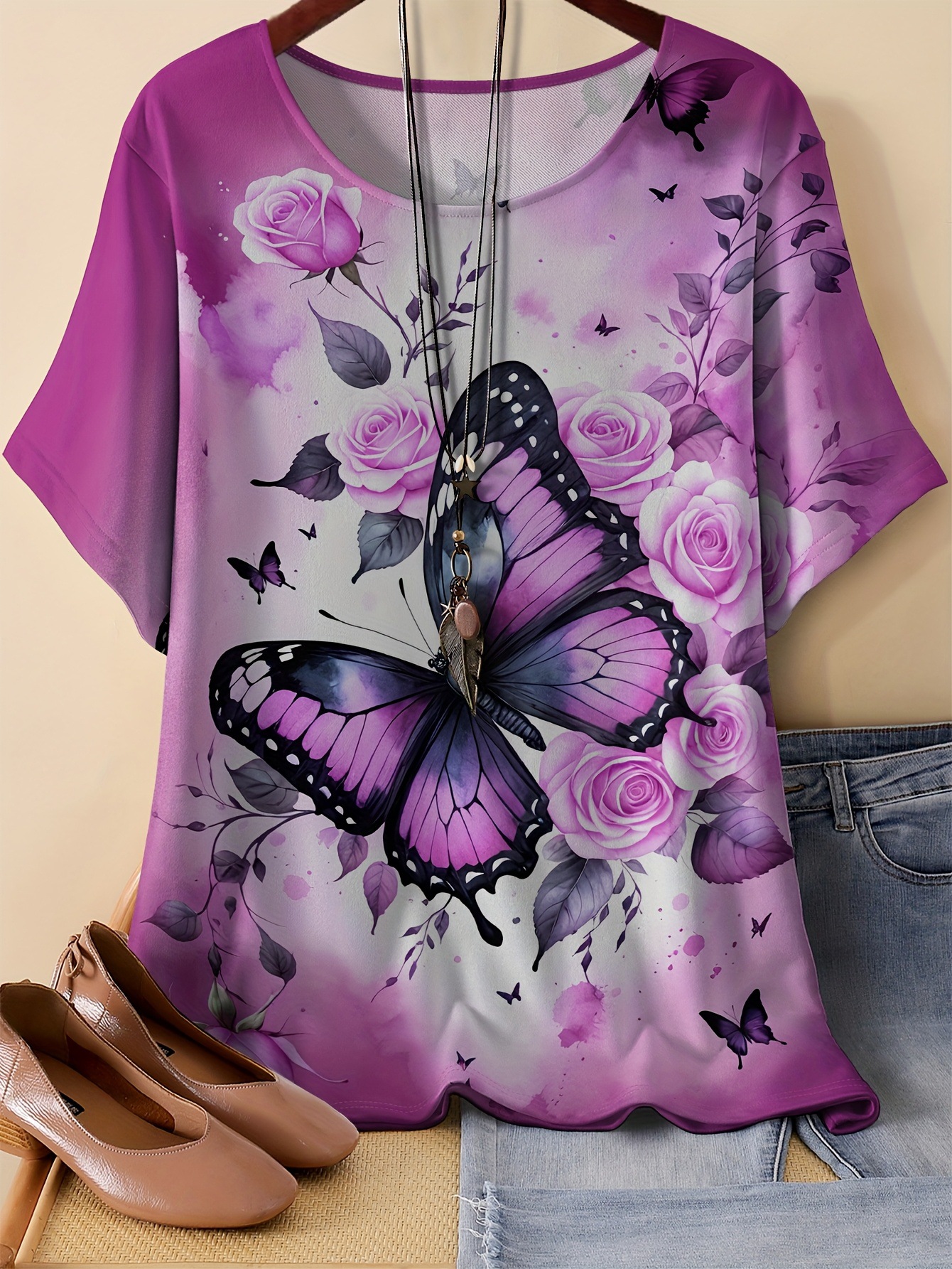 Floral & Crow Print Oversized T-Shirt – Soft Milk Silk Blend Short Sleeve Tee Unisex Oversized Cut_ecoleips.com