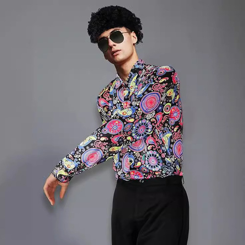 Men's 1970s Disco Fashion Retro Floral Shirt and Bell Bottom Pants Two-Piece Set Stage Performance Costume