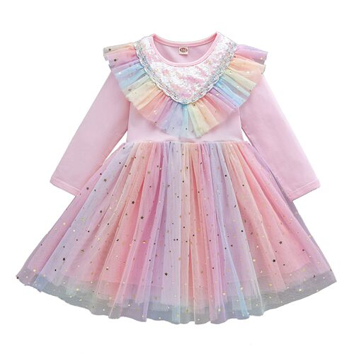 Spring Princess Aisa Dress Girls Autumn Style Rainbow Long Sleeve Dress Wings Puffy Unicorn