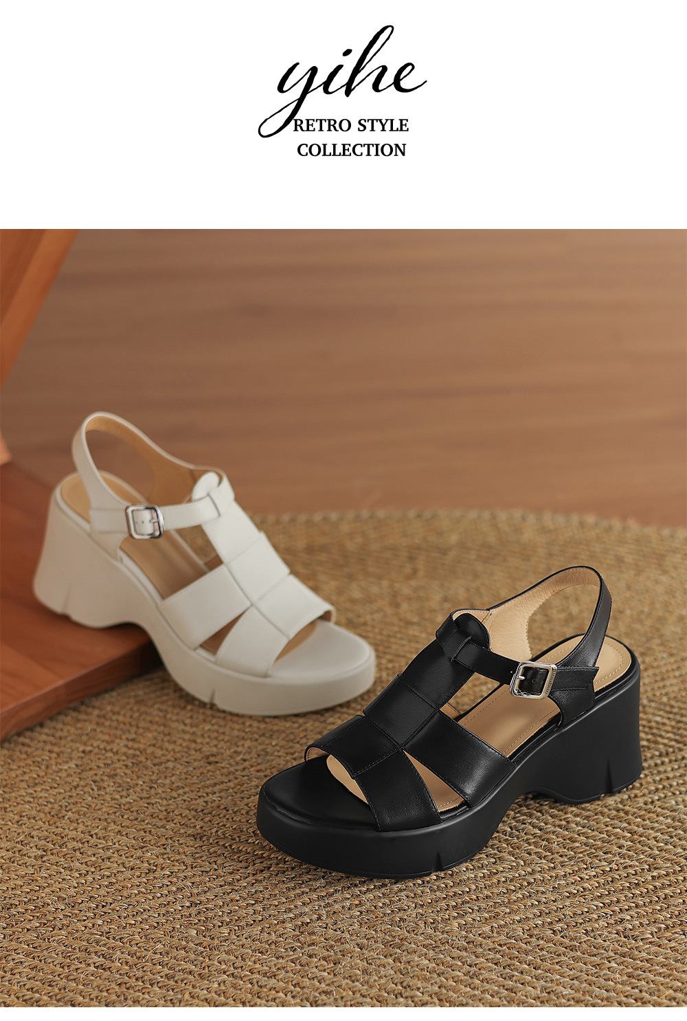 Giày sandal cao gót đế xuồng nữ phong cách La Mã, gót 9 cm, quai rỗng thoáng mát — Màu đen, Màu trắng be chi tiết 13