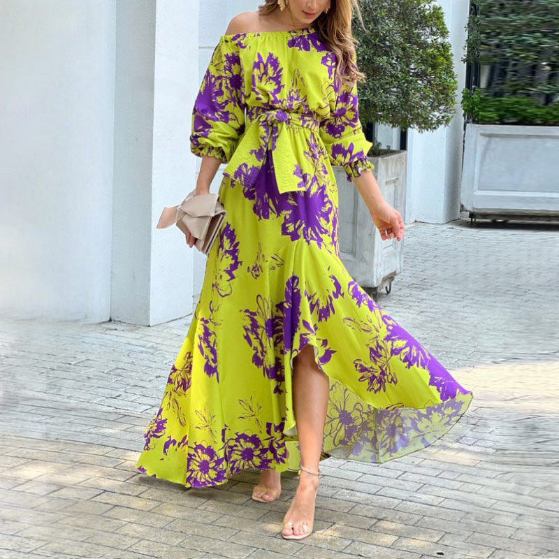 Women's Regular Dress Vacation Oblique Collar Printing Bowknot Long Sleeve Printing Maxi Long Dress Holiday Beach display picture 6