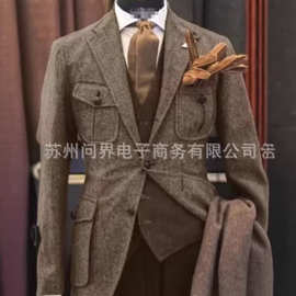 新款英伦复古装大码西服人字纹外套欧美多袋人字纹工装西服装男士