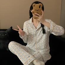 厂家现货睡衣女卡通条纹小熊春秋款女长袖仿棉绉布可外穿家居服