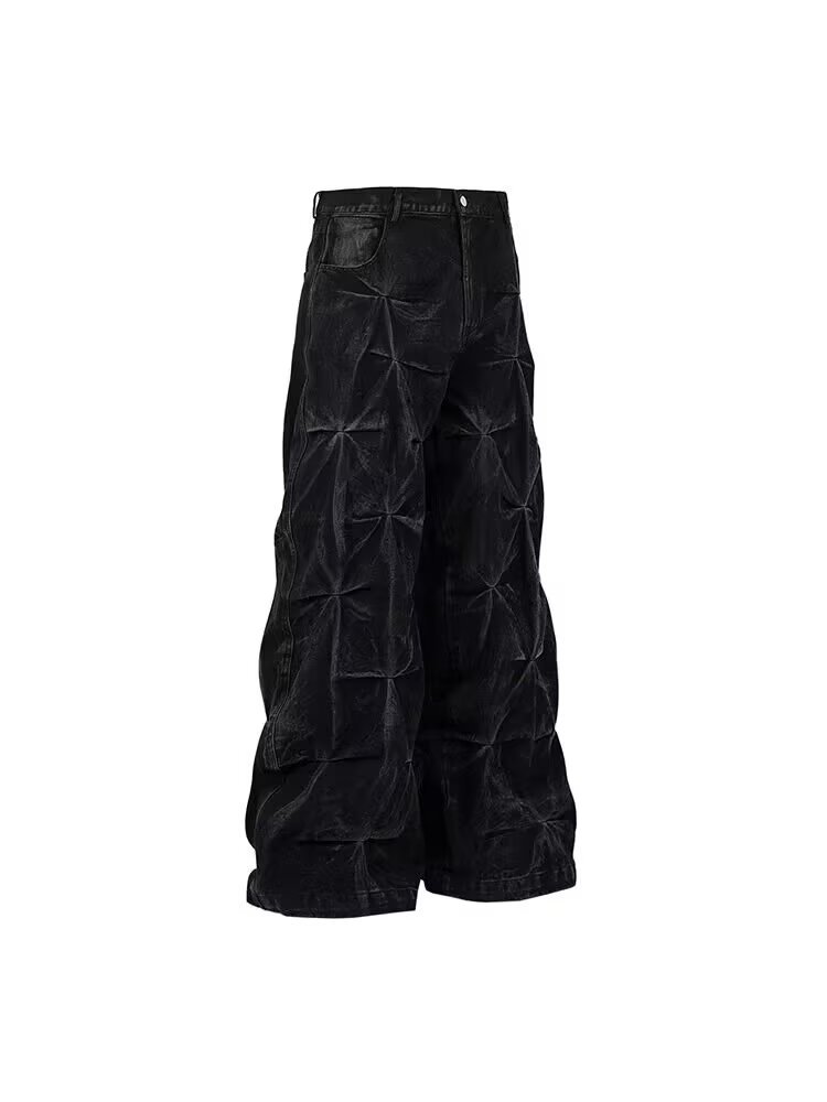 Jeans uomo nero stile retrò con pieghe gamba larga oversize_voghion.com