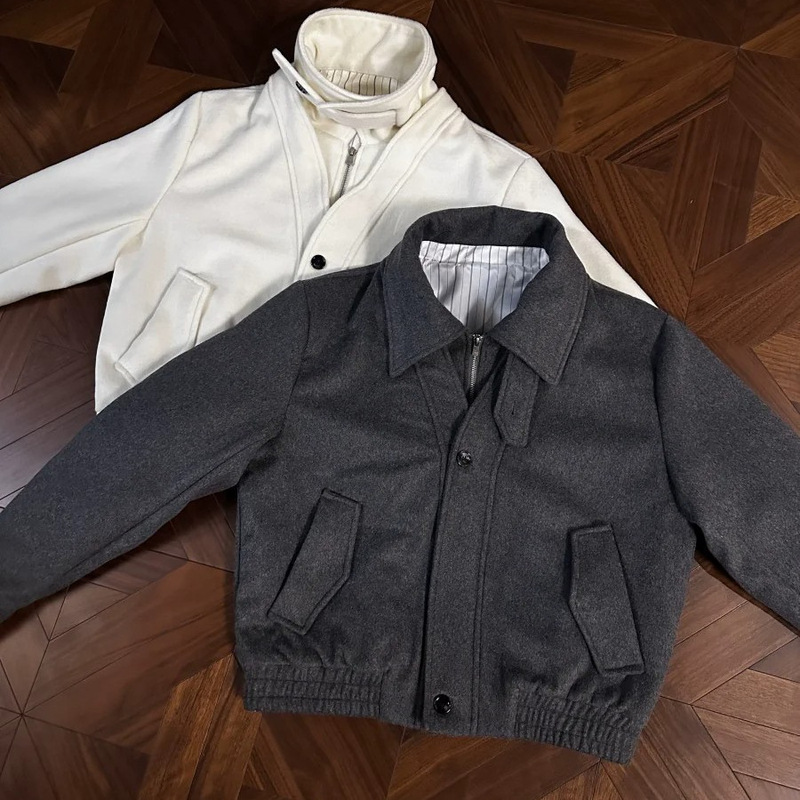 Fake two-piece straight-shoulder jacket for men and women, spring double-collar design, short top, boxy heavy woolen coat