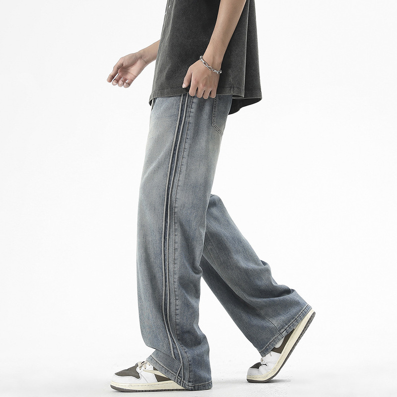 Spring and Summer Ice Silk Men's Soil Loose Straight Jeans Lyocell Side Bone Rope Fashionable Loose Men's Pants All-match New Arrival