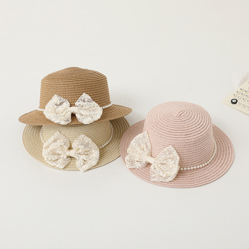 Children's sun protection hat, summer girl's sunshade straw hat bag set, baby girl's fashionable lace princess beach hat