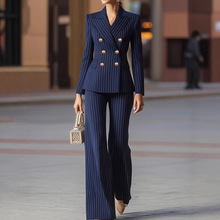 欧美跨境西装套装亚马逊秋冬女士时尚简约线条双排纽扣西服套装