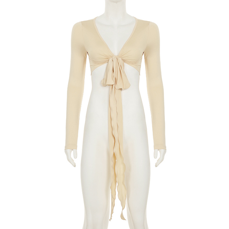 European And American Sexy Style Basic Versatile Skin-colored Strap Low V-neck Ultra-short T-shirt For Women, Slim Fit,_ecoleips.com