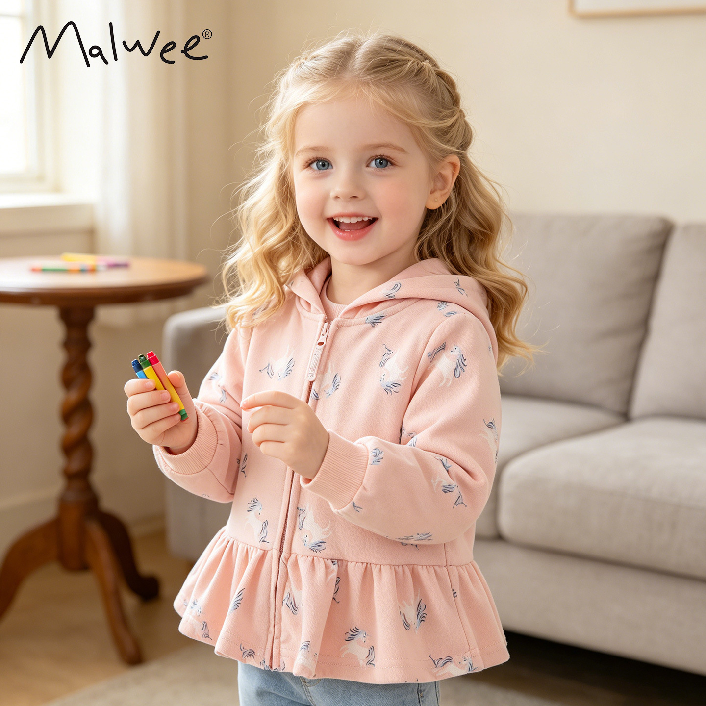 Malwee girls' autumn coat, new European and American style hooded zip-up cardigan for toddlers and preschoolers, fashionable children's top