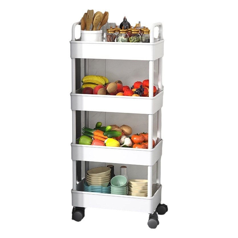 Estante de cocina Estante de carro de piso a techo Estante de almacenamiento de baño Estante de bocadillos de plástico con costura extraíble