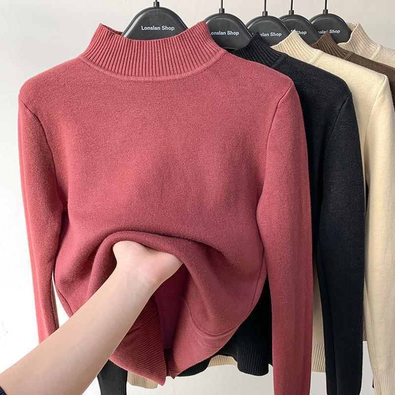 Half-turtleneck Base Knitted Sweater fleece-lined Thickened Sweater Women's Pullover Autumn and Winter Inner Mink One-piece Velvet Warm Top Half-turtleneck Base Knitted Sweater fleece-lined Thickened Sweater Women's Pullover Autumn and Winter Inner Mink One-piece Velvet Warm Top