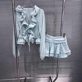 2026春季新款法式温柔风荷叶花朵边开衫长袖衬衫上衣女短裙套装