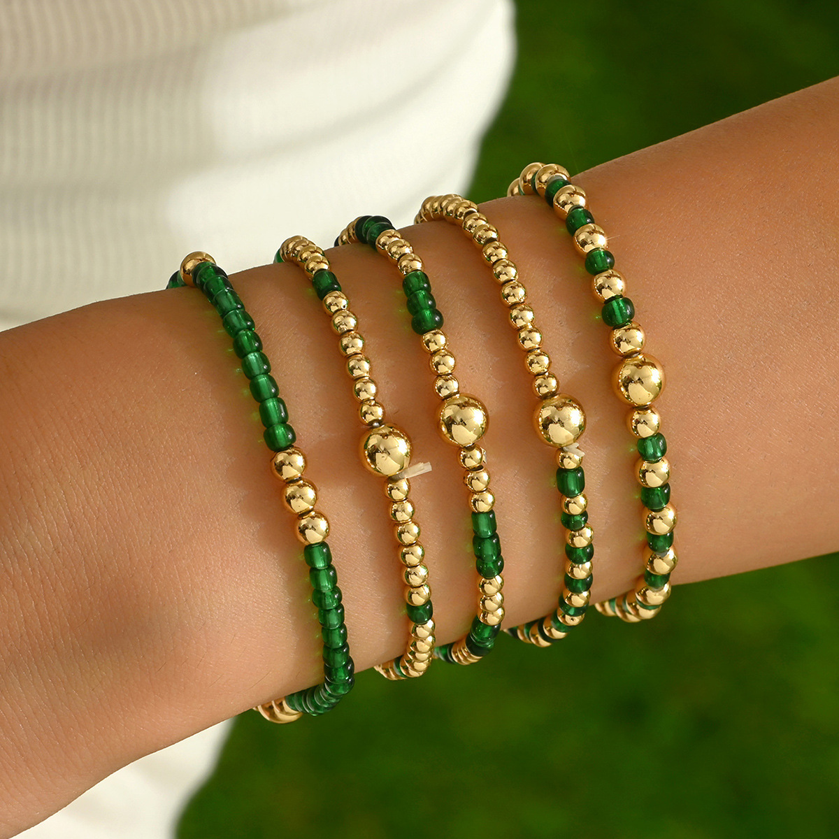 European and American Cross-Border New Style Sweet Forest Green Rice Beads Elastic Thread Multi-Piece Bracelet Contrasting Color Hand Jewelry for Women