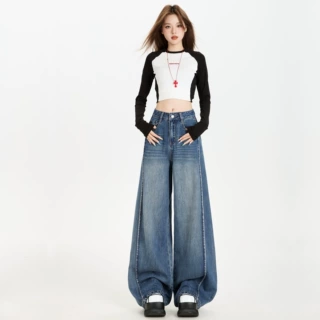 新中式大直筒牛仔裤女秋季新款设计感复古慵懒宽松显瘦拖地阔腿裤