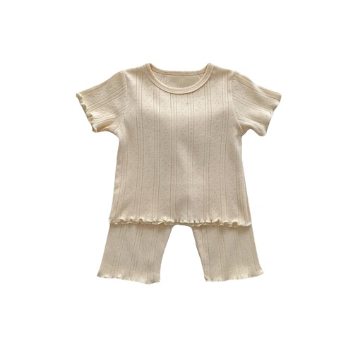 Korean children's clothing summer single color hollow breathable fungus-edged short-sleeved stretch comfortable home clothes set for boys and girls