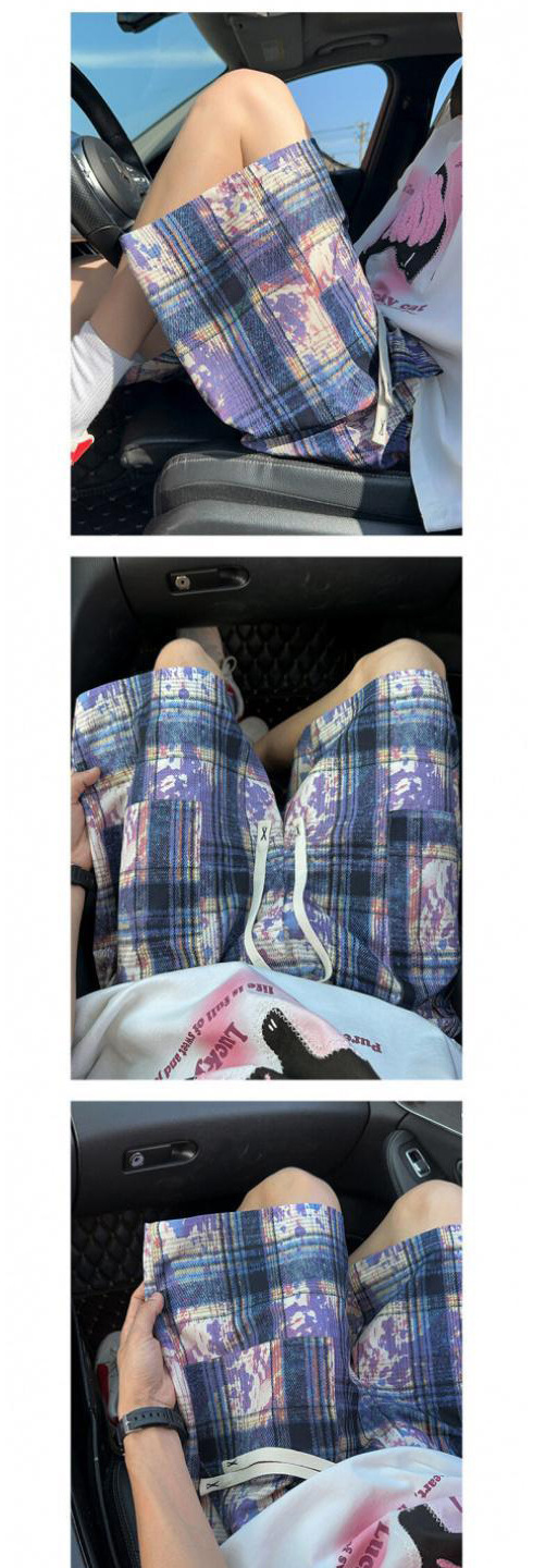 Tie-Dye Checkered Summer Shorts For Men, Loose Fit 5-Inch Casual High Street Beach Shorts With Vintage Pattern, Breathable Vacation Short Pants_viptrois.com