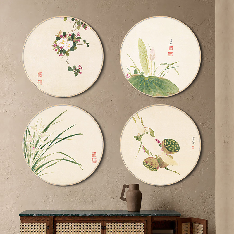 New Chinese Style Round Wooden Frame Decorative Painting with Orchids and Pomegranates Ink Wash Wall Art by Xiang Shengmo, Ten-Panel Flower Painting Scroll