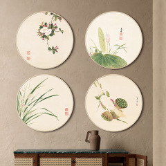 New Chinese Style Round Wooden Frame Decorative Painting with Orchids and Pomegranates Ink Wash Wall Art by Xiang Shengmo, Ten-Panel Flower Painting Scroll