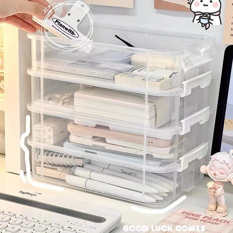 Caja de almacenamiento portátil de cuatro pisos con gran capacidad, los estudiantes ordenan la Caja dividida, la cuenta manual de la tarjeta gu, la Caja de almacenamiento de la Caja de medicamentos.