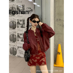 早春季美式安可拉红色皮衣外套女高级感2025新款小个子短款夹克