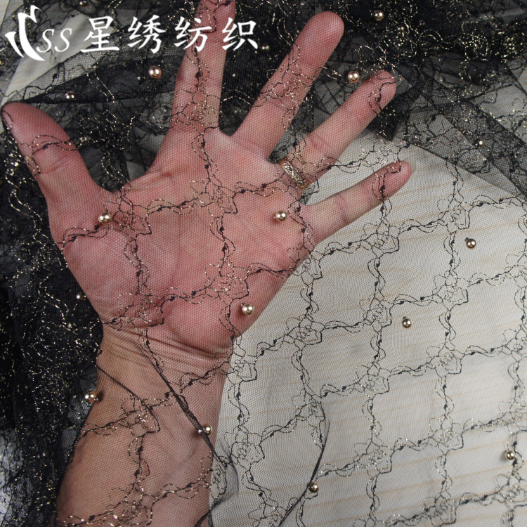 品质彩金银线网布钉珠金珠算子打泡珠女装半身裙网纱加珍珠面料