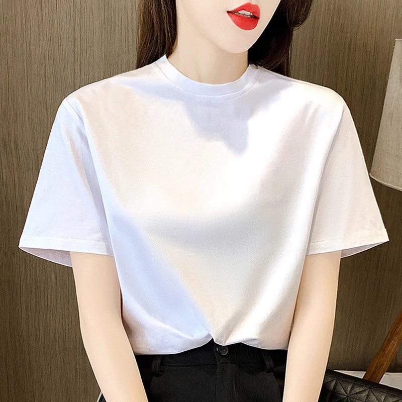 화이트 루즈핏 반팔 티셔츠 여성용 하프 터틀넥 봄 여름 2026 신상 순면 한국 스타일 다용도 슬리밍 탑