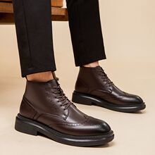 复古男靴加绒秋冬季马丁靴高帮保暖棉靴英伦风布洛克皮靴手工男鞋