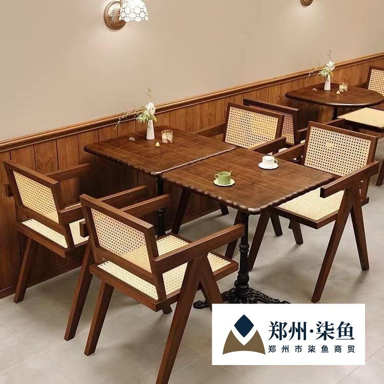 American Retro Cafe Bar Solid Wood Table and Chair Combination Baking Dessert Milk Tea Shop Table Western Restaurant Commercial Table