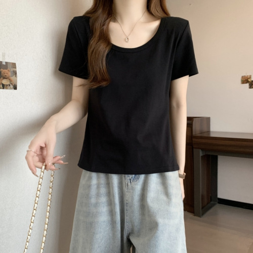 Shoulder Short Sleeve T-Shirt Women Small Size Summer Pure Desire Style Sweet and Spicy Girl Big Neck Pure Color Slimming Top Wholesale 