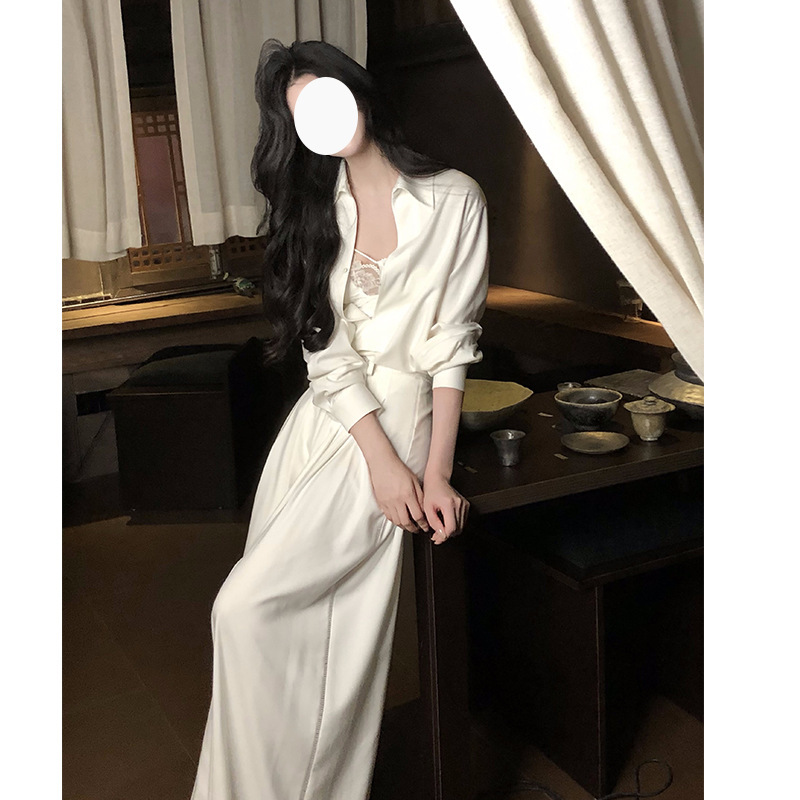 French Style Design White Long-Sleeved Shirt Jacket with Lace Suspenders Casual Wide-Leg Pants Suit for Women