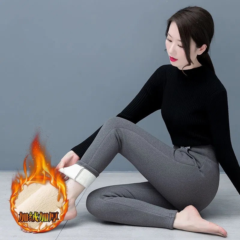Tiktok popular 500g de espesor HG bolsillo de lana de cordero polainas de las mujeres del otoño y el invierno de lana gruesa desgaste exterior Delgado lápiz Pantalones