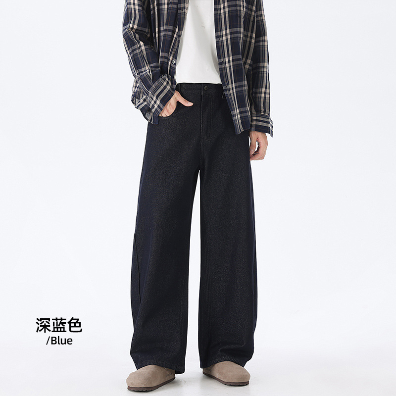 Cleanfi深蓝色原牛弯刀牛仔裤男装微胖经典微宽松潮牌休闲长裤子|undefined