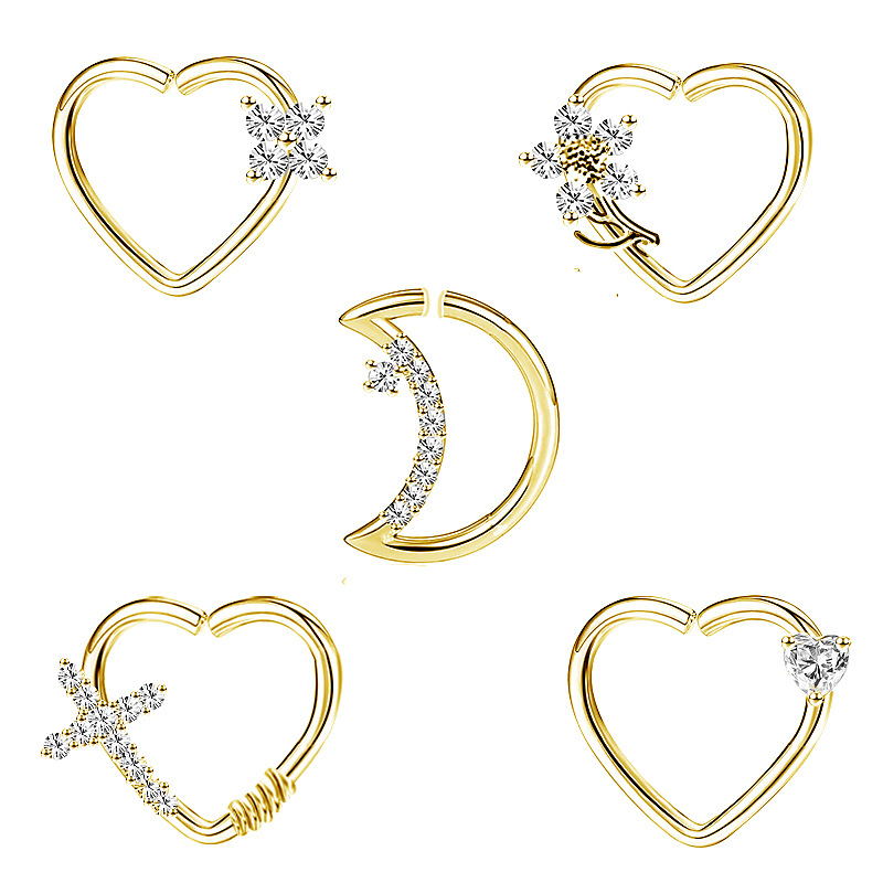 Elegant European and American creative piercing earrings with zirconia and diamonds, heart-shaped moon nose ring, nose ornament piercing jewelry set